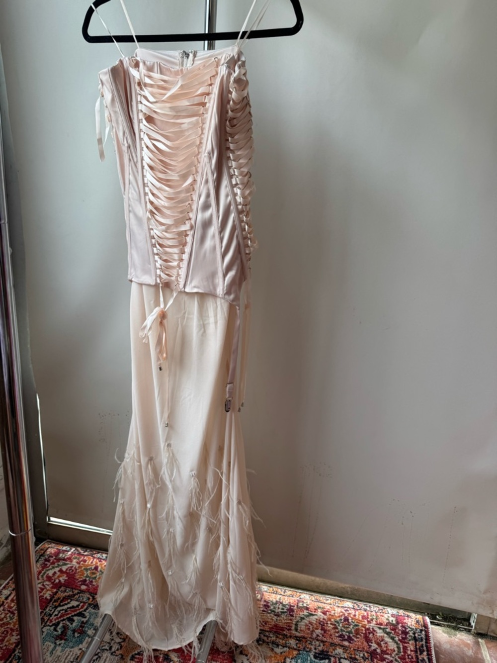AKIRA Blush Pink Lace-Up Corset & Sheer Embroidered Skirt Set FEATHER BALLERINA - Picture 2 of 5